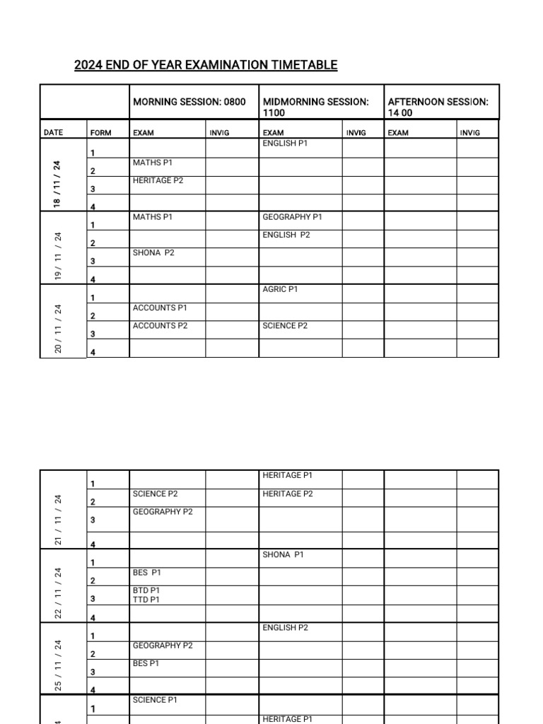 2024 End of Year Exam Timetable | PDF