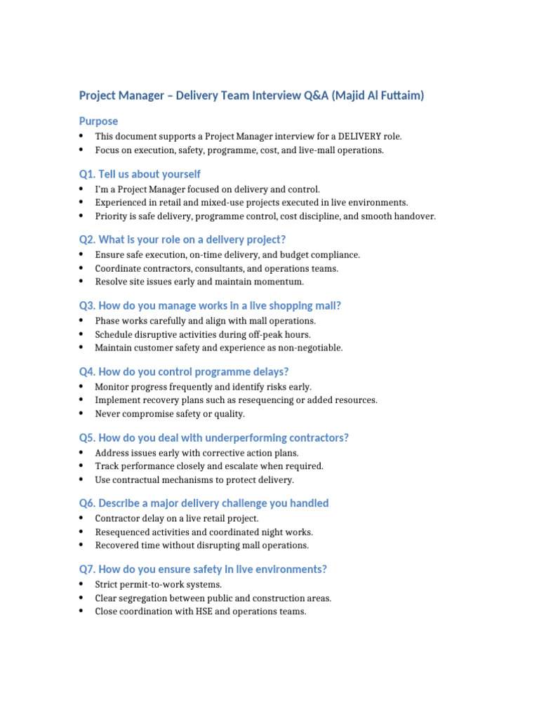 Project Manager Delivery Interview QA Majid Al Futtaim | PDF
