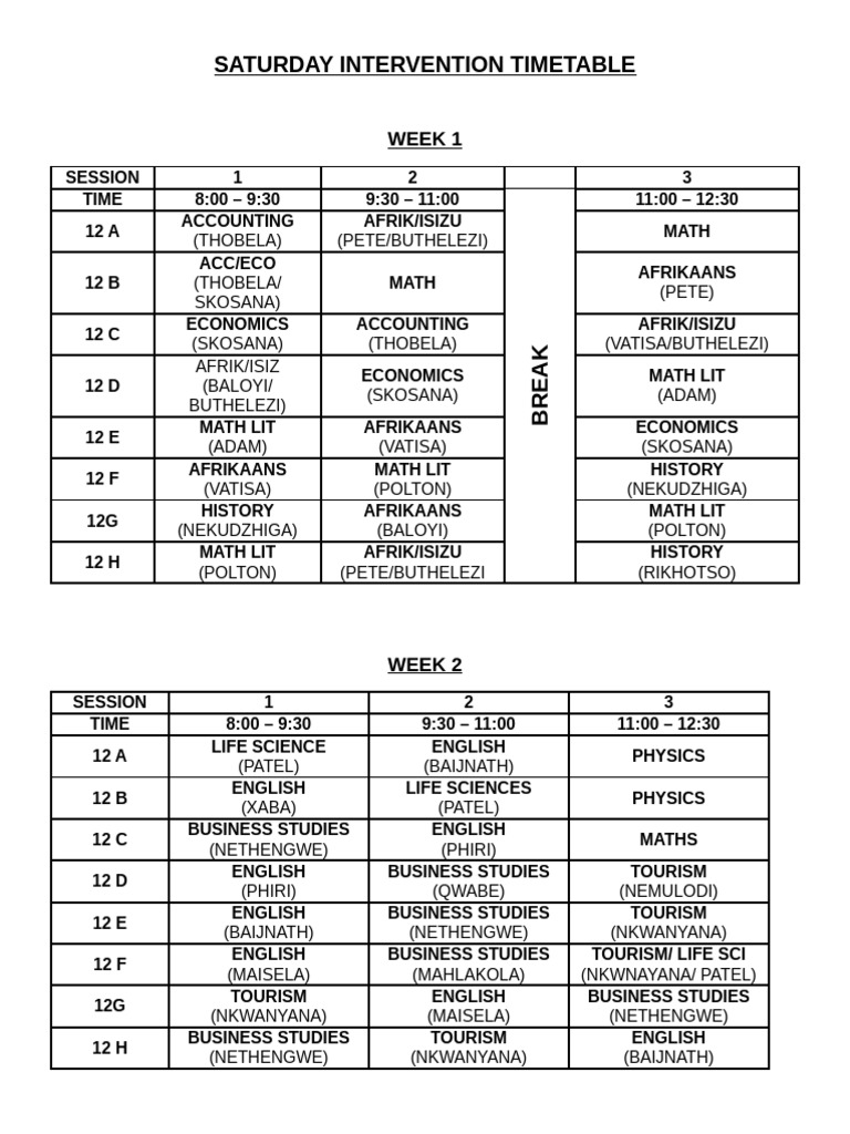 New Saturday Intervention Timetable Super | PDF