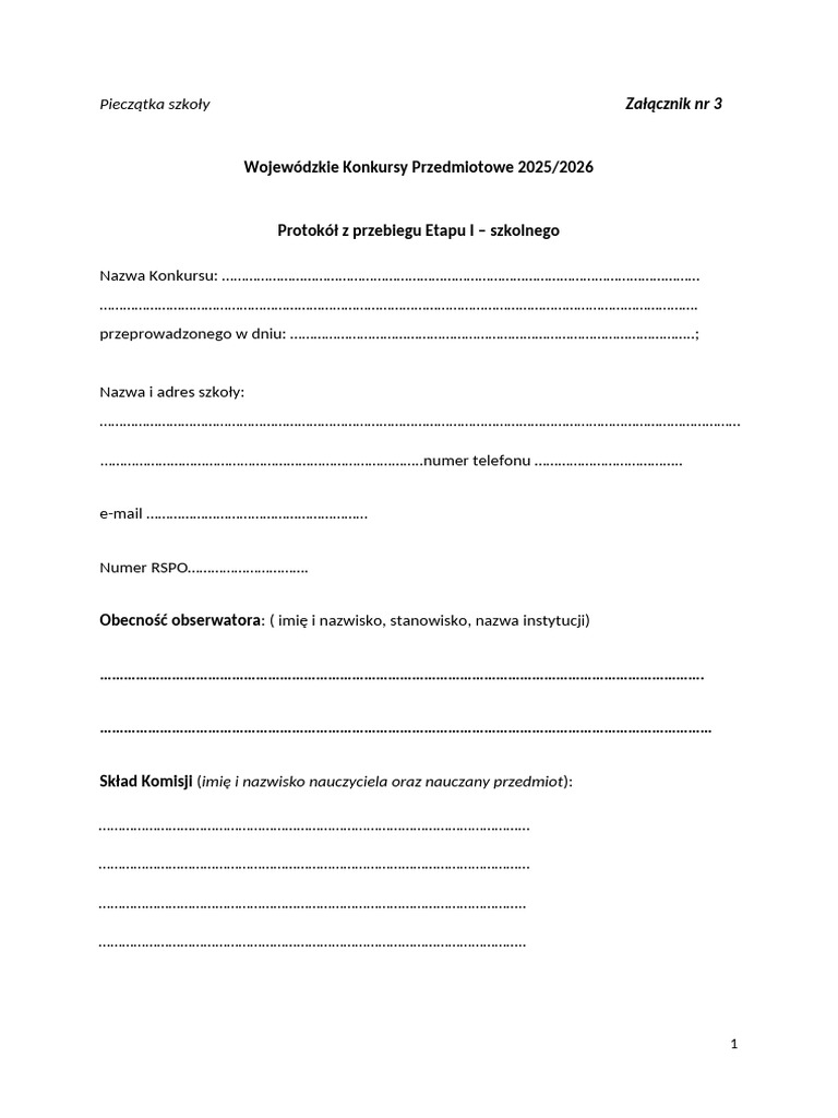 Zalacznik NR 3 2025 2026 Protokol Z Przebiegu I Etapu Szkolnego | PDF