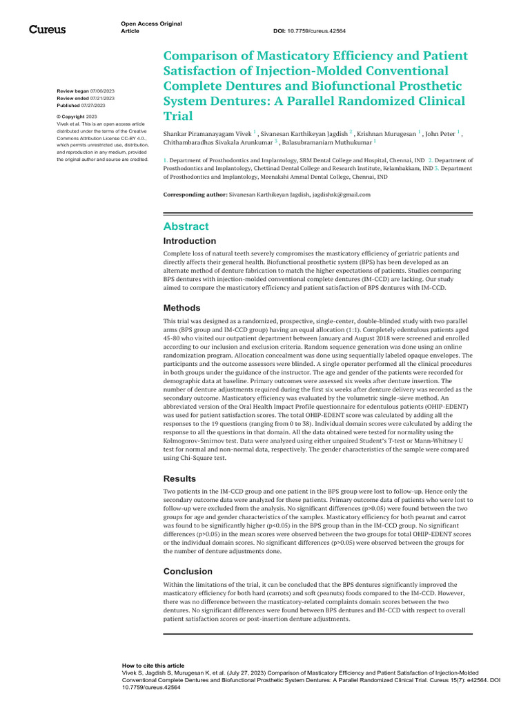 Comparison of Masticatory Efficiency and Patient Satisfaction of ...