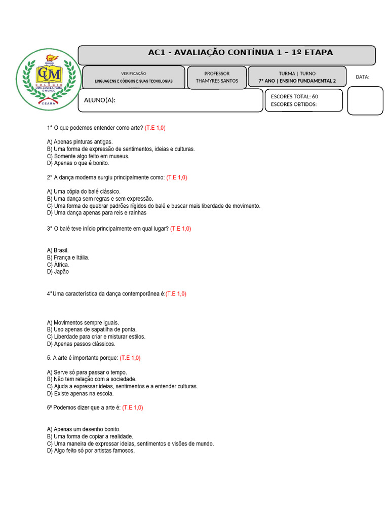 Atividade de Artes para Ensino Fundamental | PDF | Balé | Danças