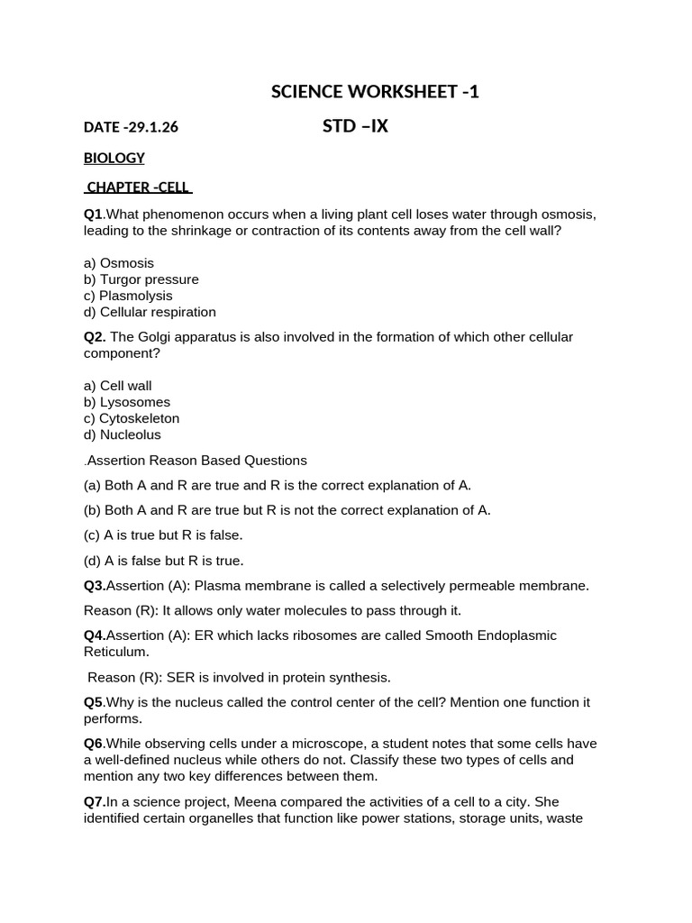 Science Worksheet - STD Ix) | PDF | Cell (Biology) | Endoplasmic Reticulum