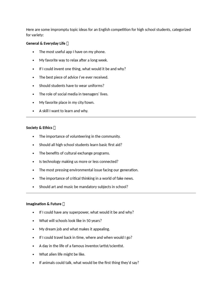 Here Are Some Impromptu Topic Ideas For An English Competition For High ...