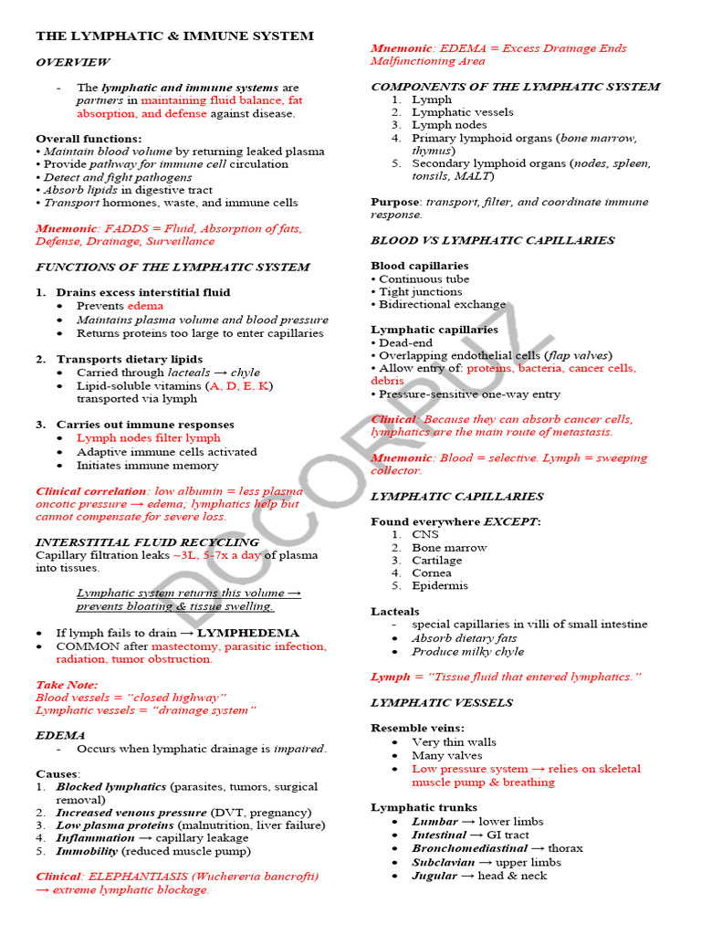 The Lymphatic and Immune System - Cramsheet | PDF | Lymphatic System ...