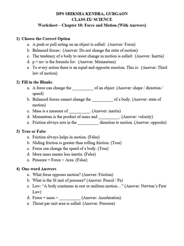Chapter10 Force and Motion Short Worksheet With Answers | PDF