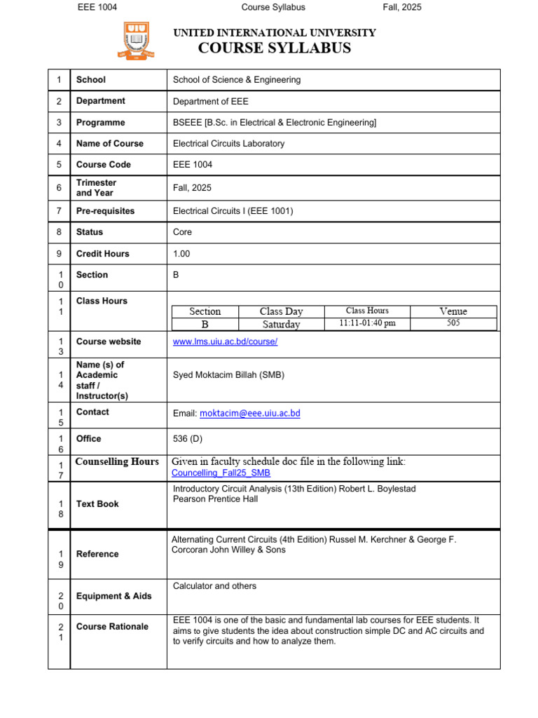 Course Syllabus 253 EEE1004 B SMB | PDF | Electrical Network ...