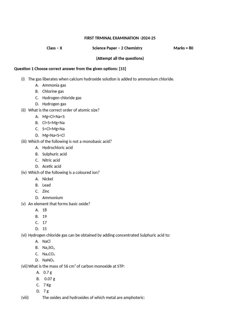 First Trminal Examination - 2024-25 X | PDF | Chloride | Ammonium