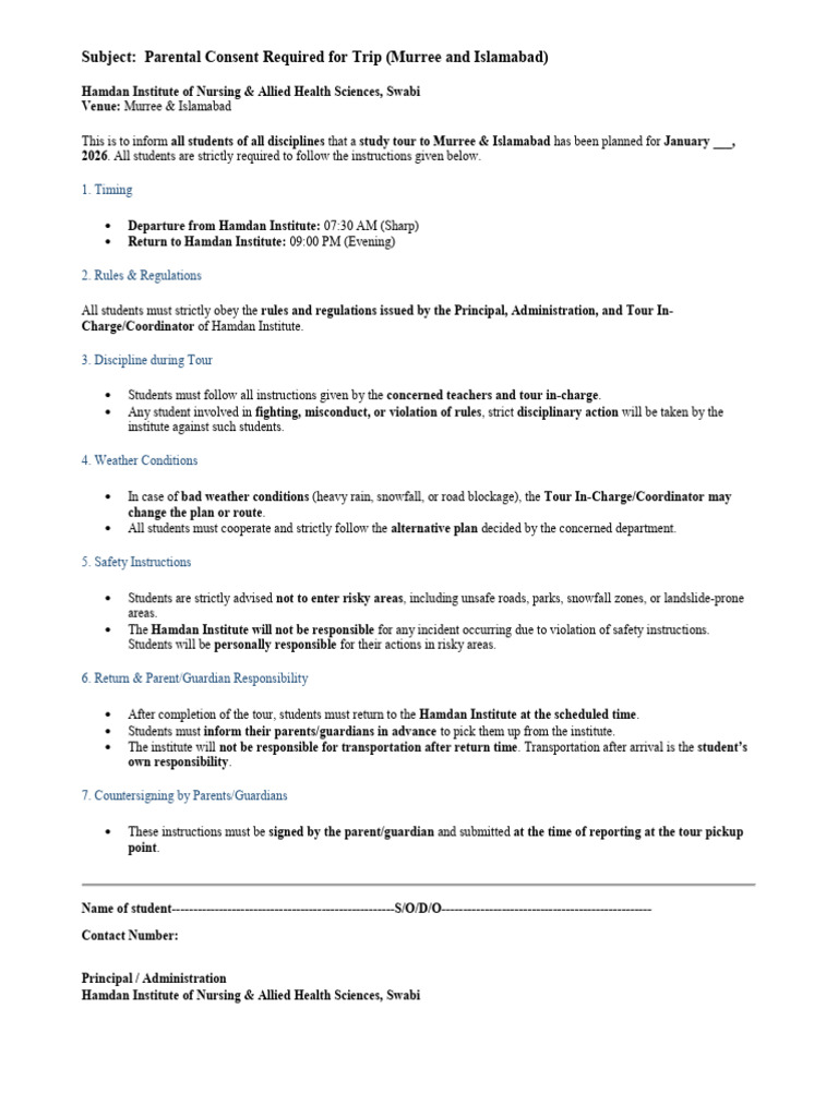 Parental Consent Required For Educational Trip | PDF