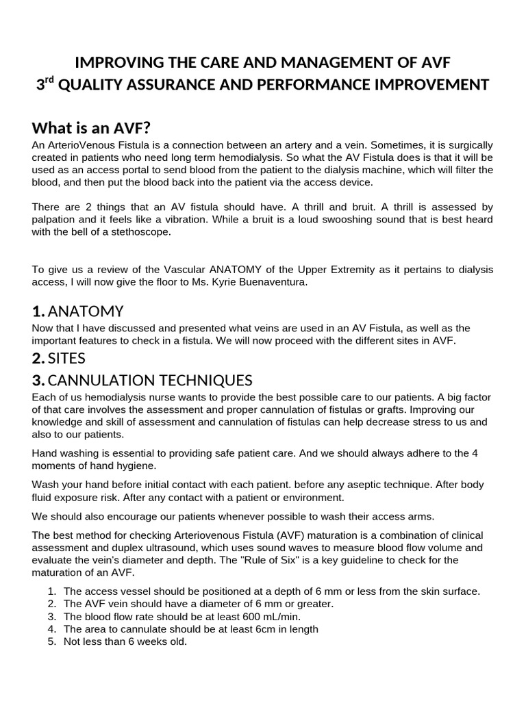 Improving The Care and Management of Avf | PDF | Hemodialysis ...