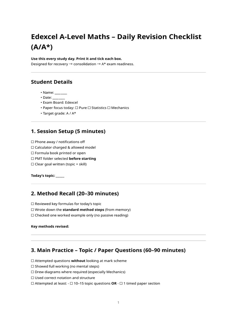 Edexcel A Level Maths - Daily Revision Checklist (A - A - ) | PDF ...