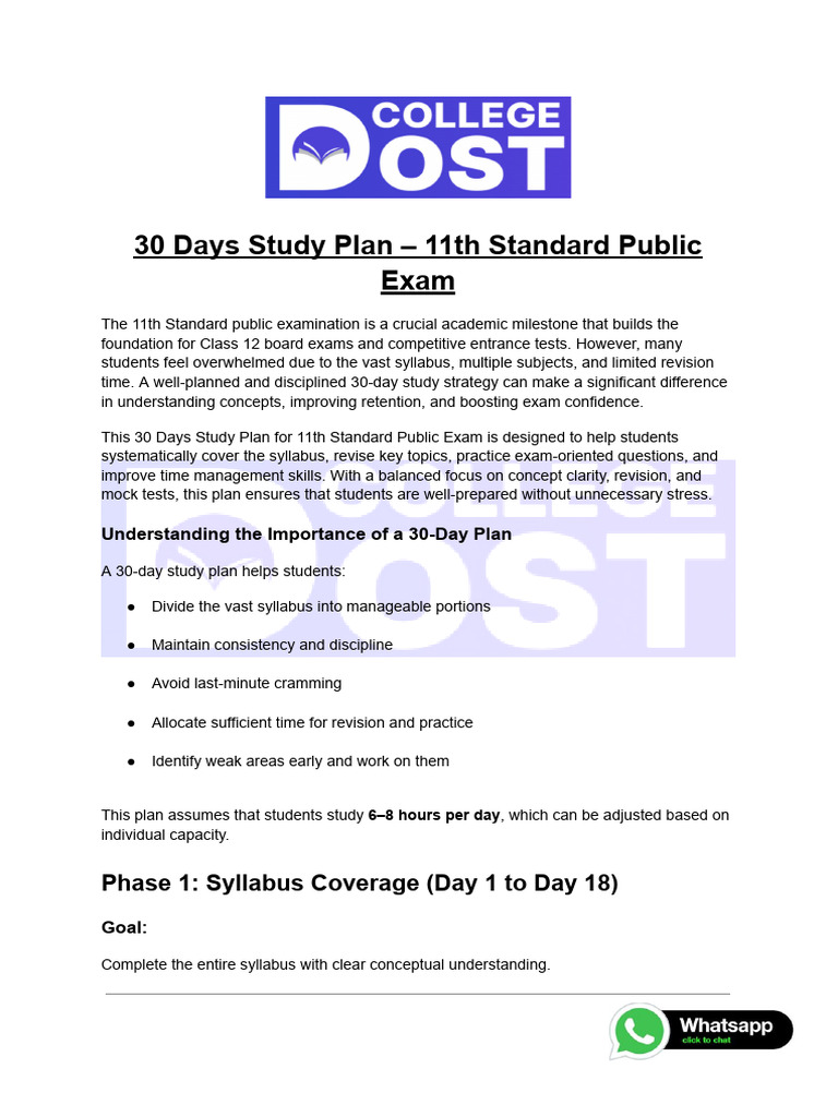 30 Days Study Plan - 11th Standard Public Exam | PDF | Cognition