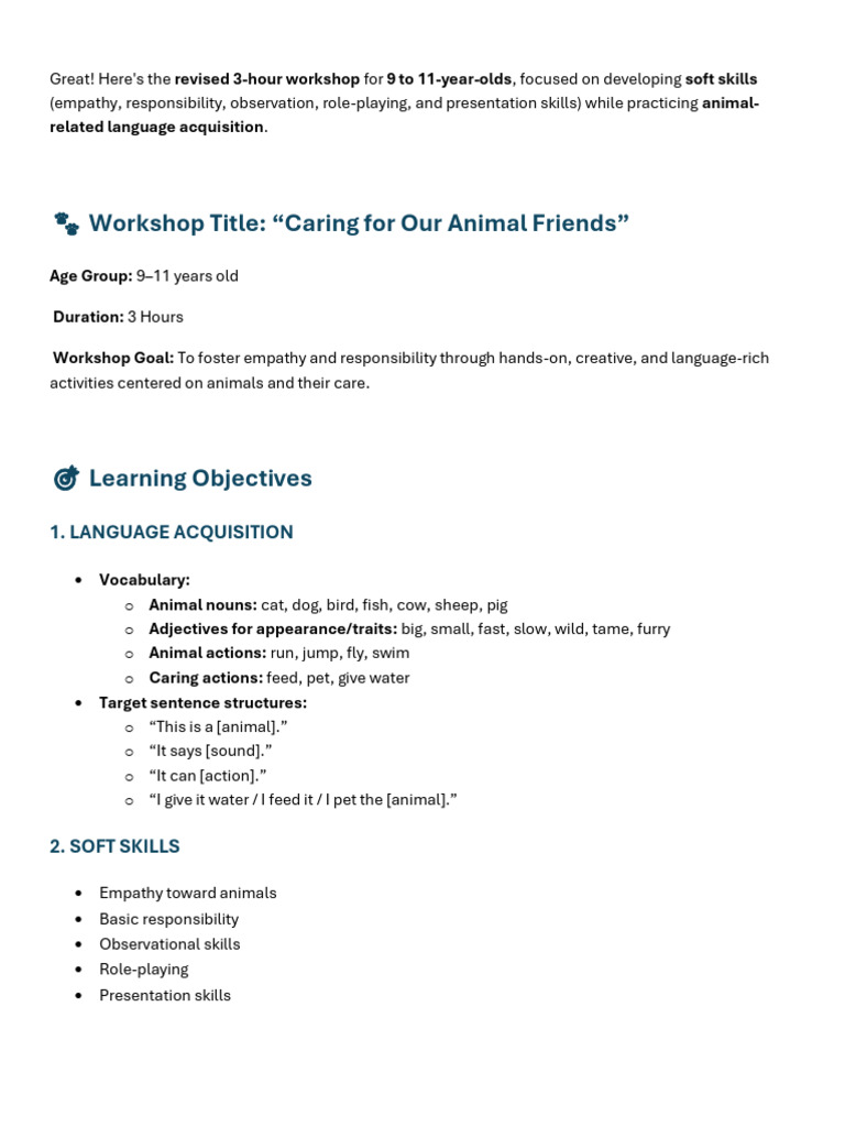 Kids ESL Class - Caring For Animals | PDF | Learning | Human Communication