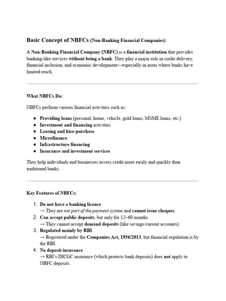 Basic Concept of NBFCs (Non-Banking Financial Companies) | PDF ...