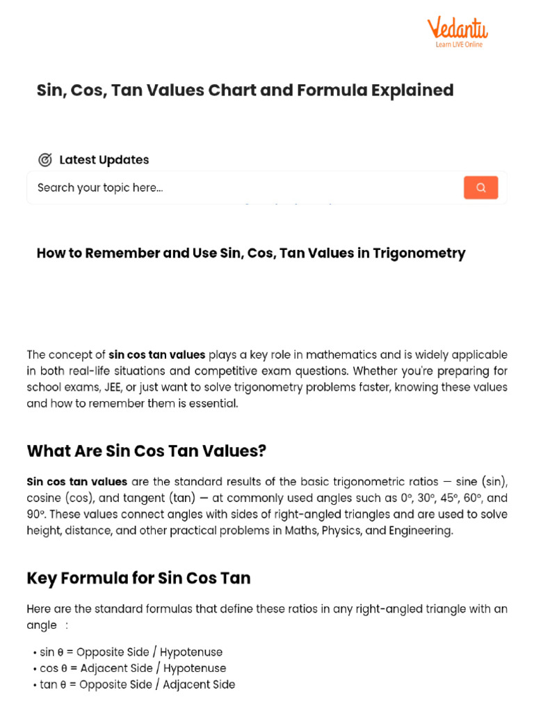 Sin, Cos, Tan Values Chart and Formula Explained | PDF
