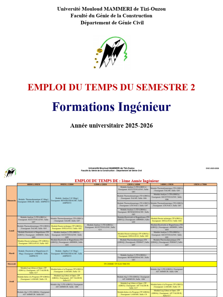 Emploi Du Temps Du Semestre 2 2025 2026 | PDF | Béton armé | Physique ...