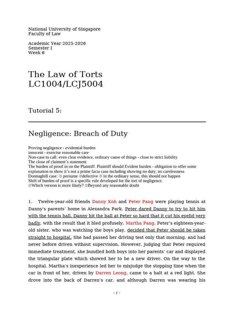 TORTS 2025 WEEK 6 Tutorial 5 - Breach of Duty | PDF | Negligence ...