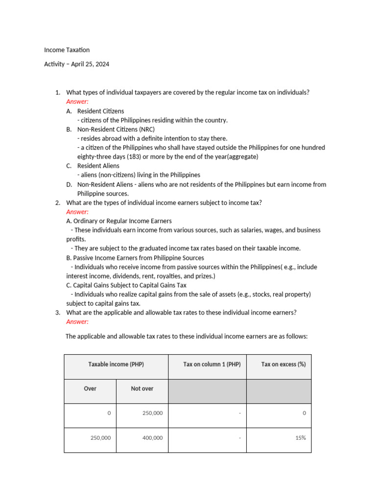 Income Taxation Activity | PDF | Cost Of Living | Capital Gains Tax