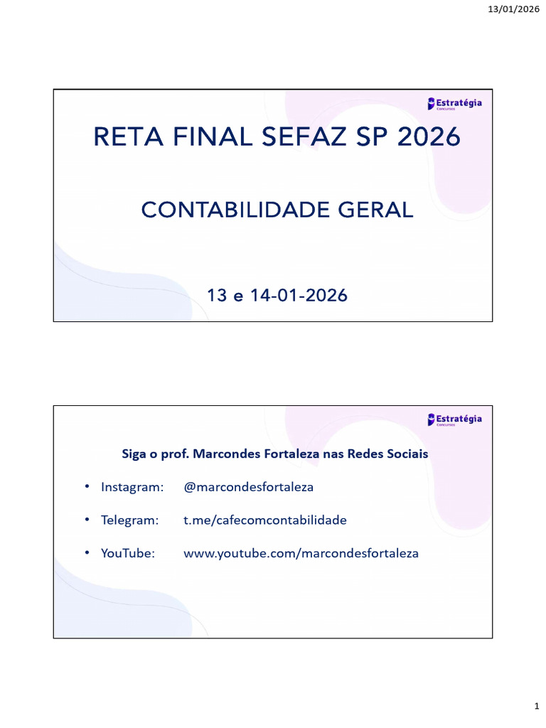 Aula RF Sefaz SP 13-01-26 | PDF | Contabilidade | Capital próprio ...