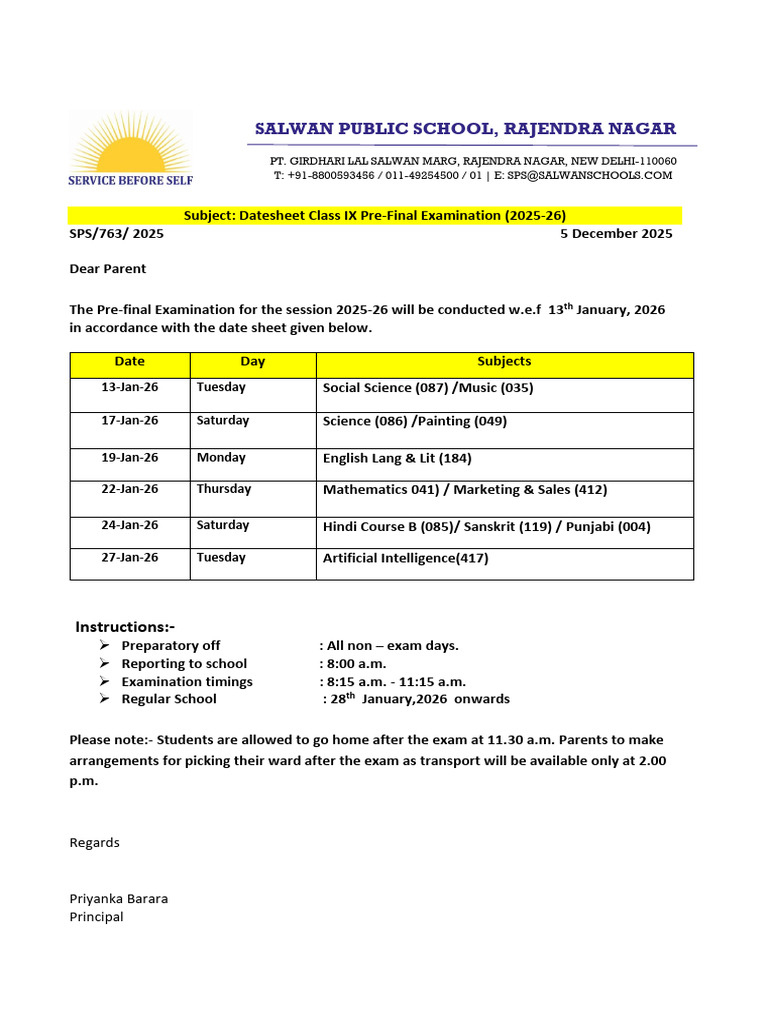Datesheet Pre Final Class Ix | PDF