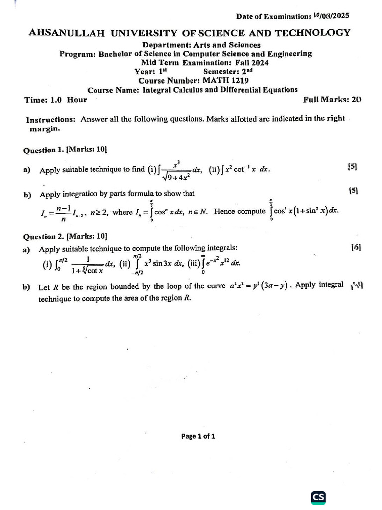 MATH 1219 Mid Questions (Fall-24, Spring-24) | PDF