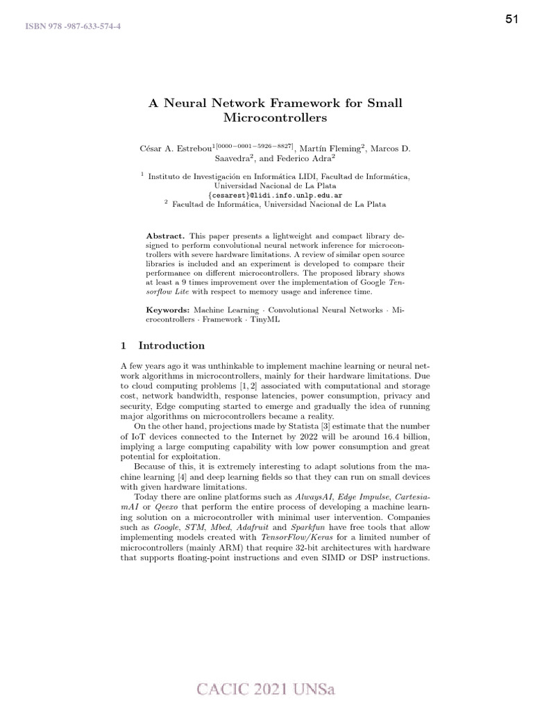 A Neural Network Framework For Small Microcontrollers: ISBN 978 - 987 ...