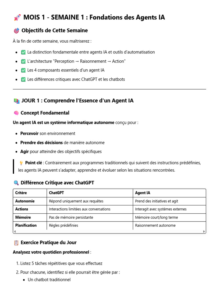 MOIS 1 - SEMAINE 1 - Fondations Des Agents IA | PDF | Intelligence ...