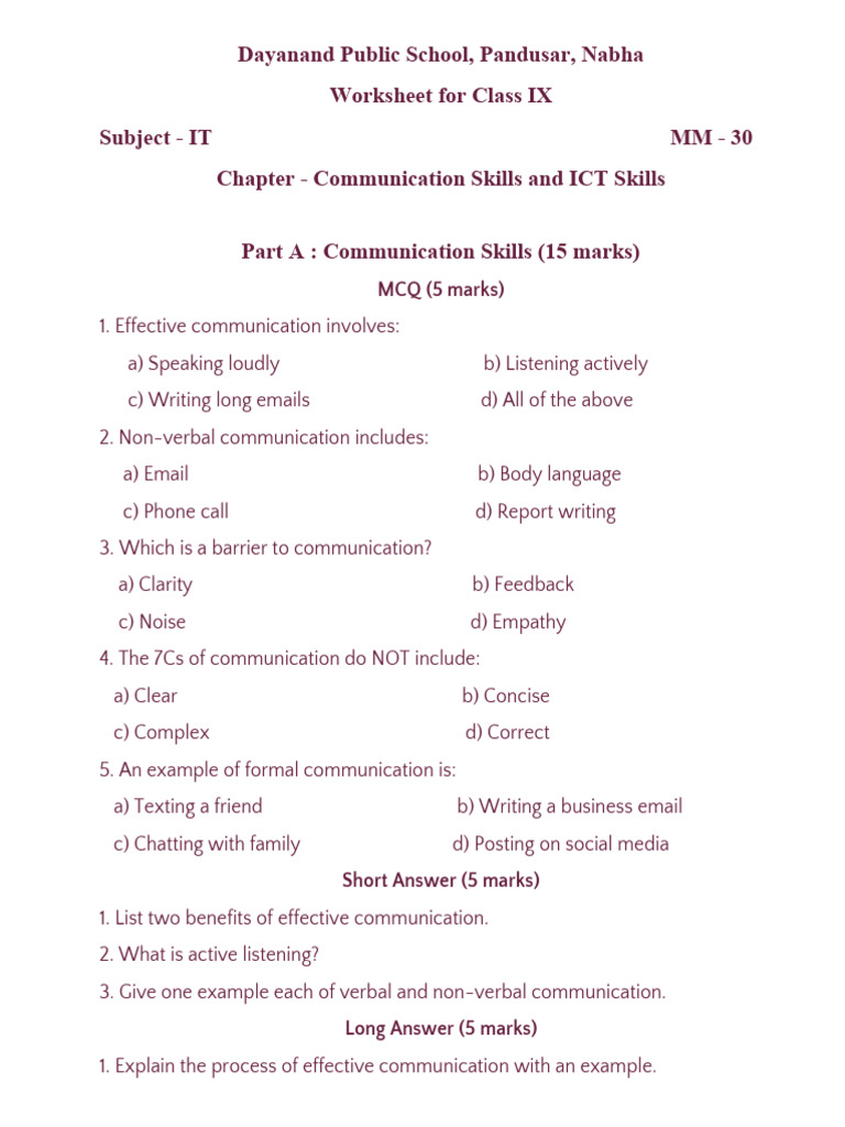 Worksheet of ICT For Class IX | PDF | Communication | Information And ...