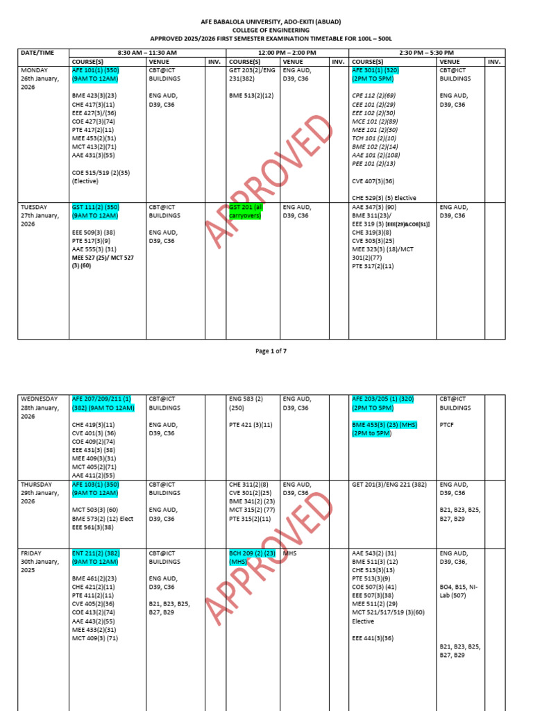 APPROVED - College of Engineering Exam Timetable - 1st SEM 2025 - 2026 ...