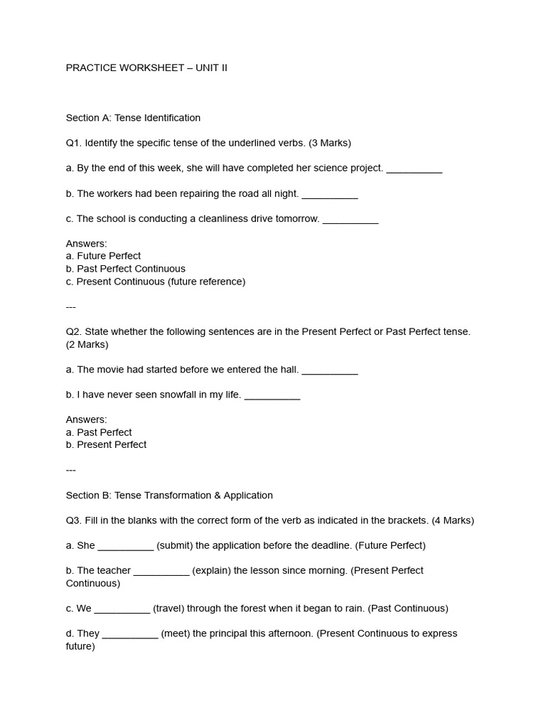 Practice Worksheet - Unit II | PDF | Grammatical Tense | Semantics