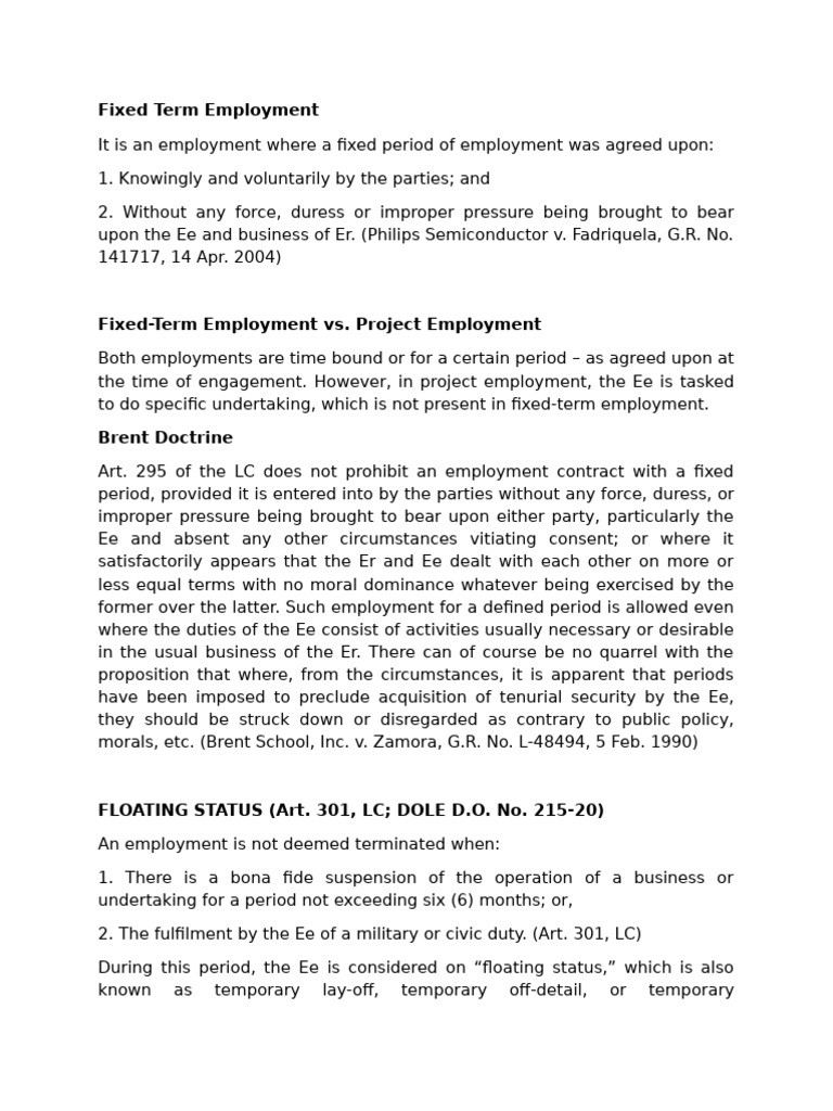 Labor Law Fixed Term Employment vs. Project Employment | PDF ...