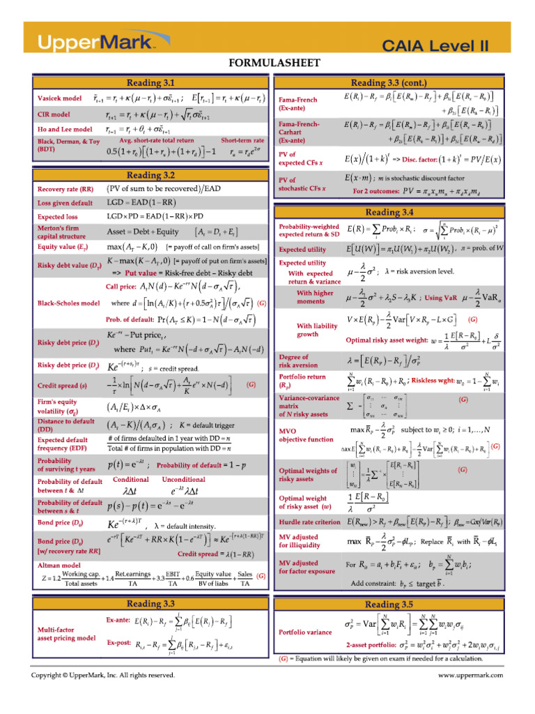 Uppermark CAIA 2024 L2 Formula Sheet Sample | PDF