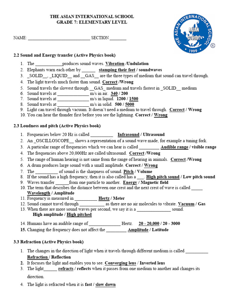 Elementary Review Paper - March 2024 - Answer Key-1 | PDF | Sound | Light