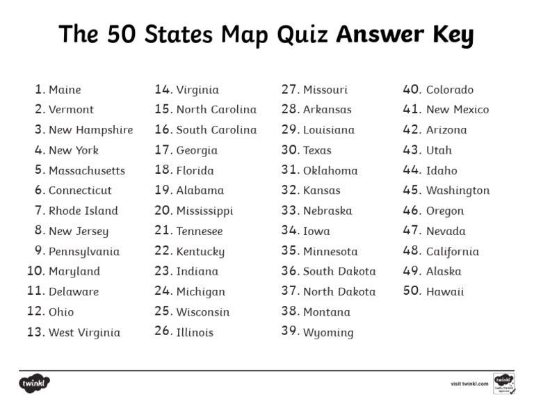 50 States Quiz Activty Answer Key | PDF
