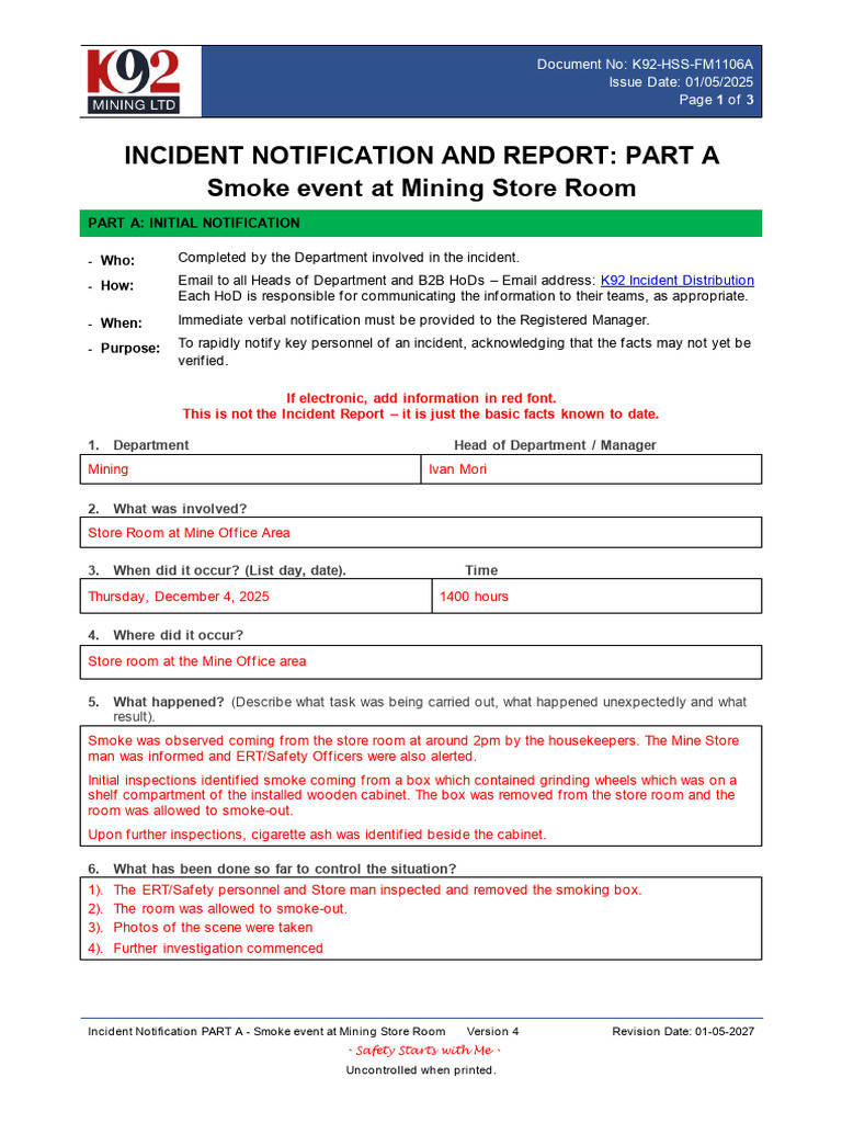 Incident Notification PART A - Smoke Event at Mining Store Room | PDF