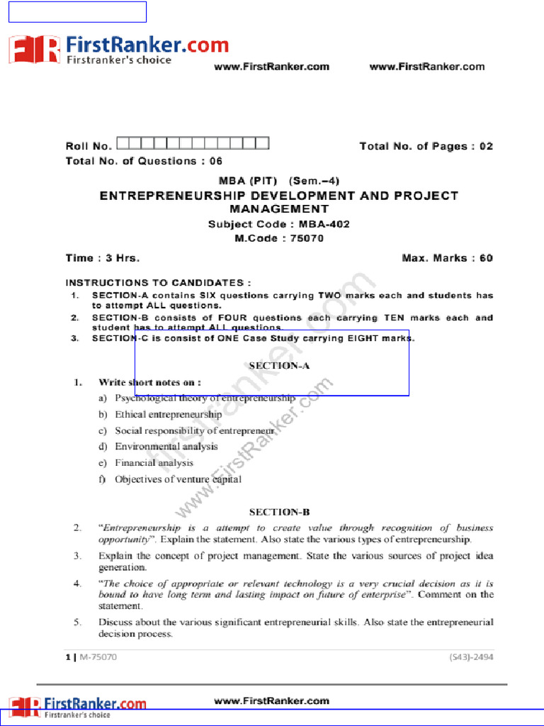 FR 75070 Entrepreneurship Development and Project Management Question ...