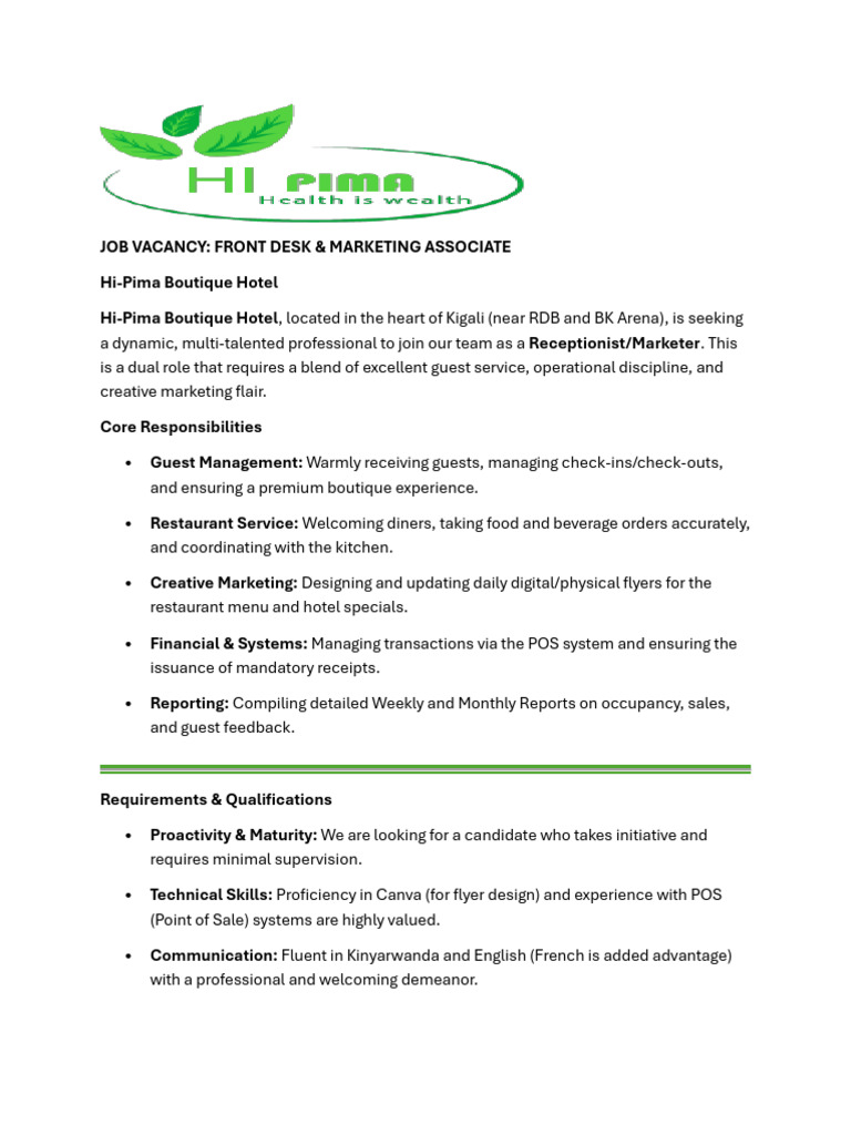 Job Vacancy Announcement-Hi-Pima Boutique Hotel | PDF