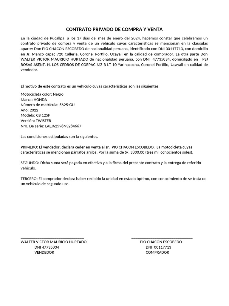 Contrato Privado de Compra y Venta | PDF