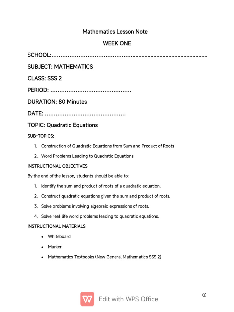 Mathematics Lesson Note Week 1 | PDF | Equations | Quadratic Equation