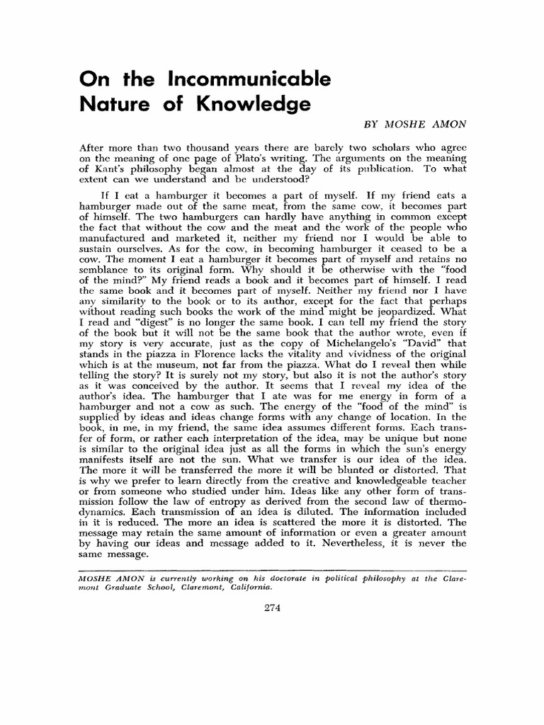 On The Incommunicable Nature Knowledge: Oi If | PDF | Knowledge | Self ...