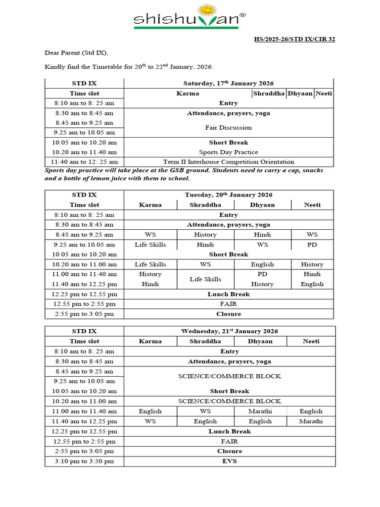 STD IX TT For 17th To 22nd January 2026 | PDF