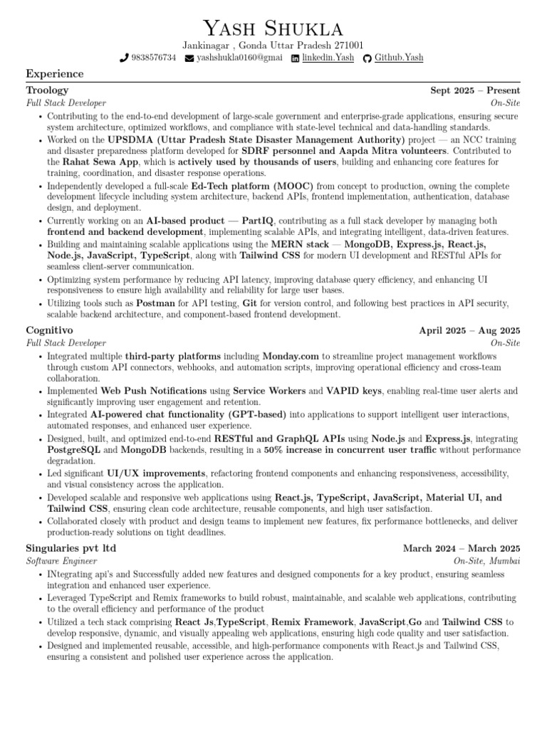 Yash Shukla Resume | PDF | Java Script | Software
