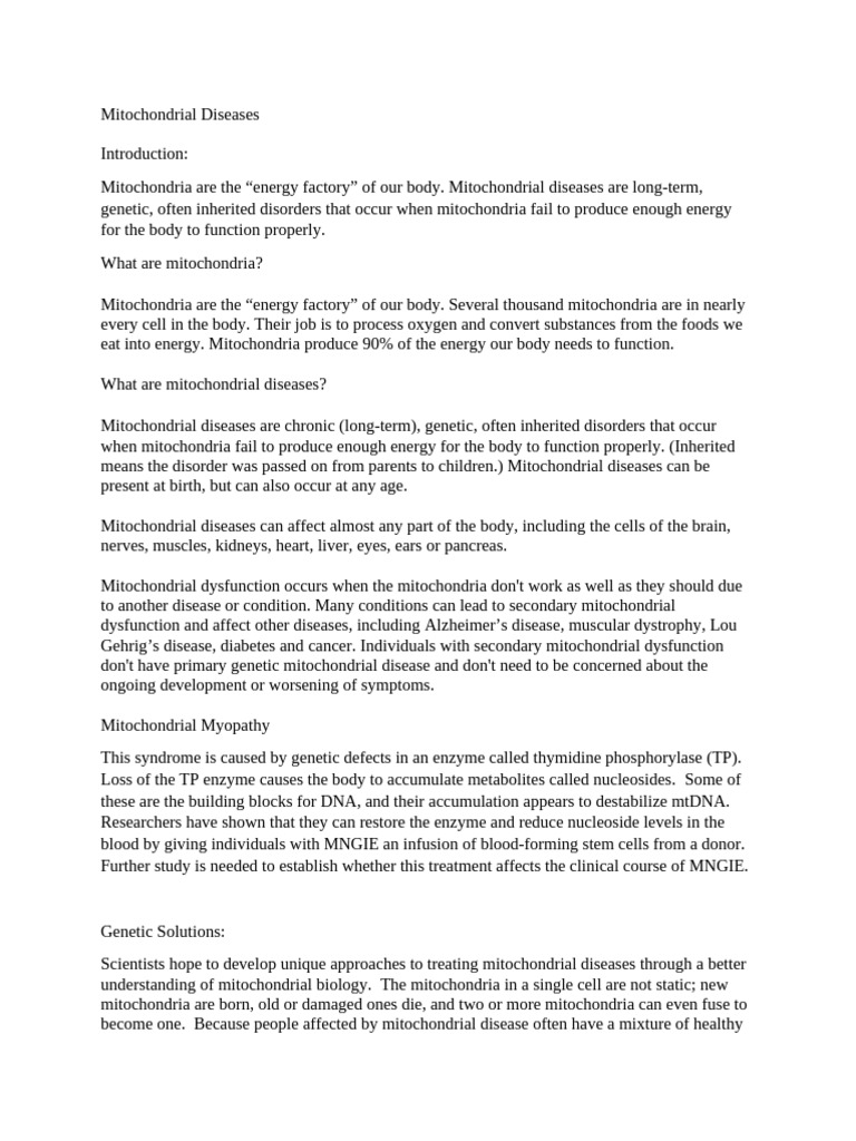 Mitochondrial Diseases | PDF | Mitochondrion | Mitochondrial Dna