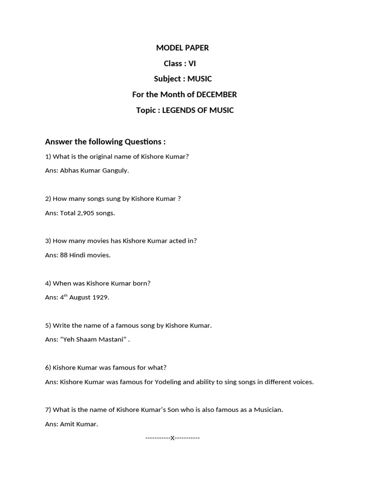 Model Paper of Class VI For December | PDF