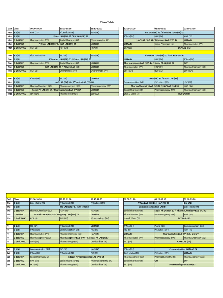 Time Table 23 Dec 2025 | PDF | Pharmacology | Pharmaceutical Sciences
