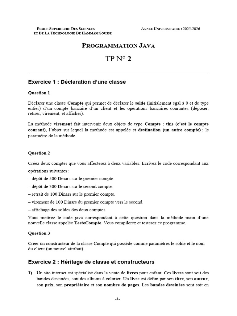 Série 2 Classe2025 | PDF | Java (Langage de programmation ...