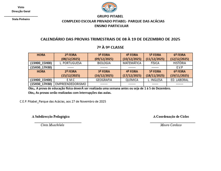 Calendário Das Provas Trimestrais - I Ciclo | PDF