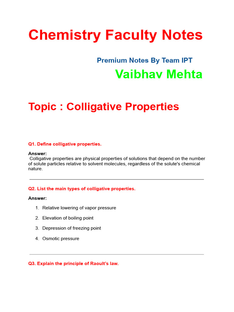 Chemistry Faculty Notes Colligative Properties) | PDF | Physical ...