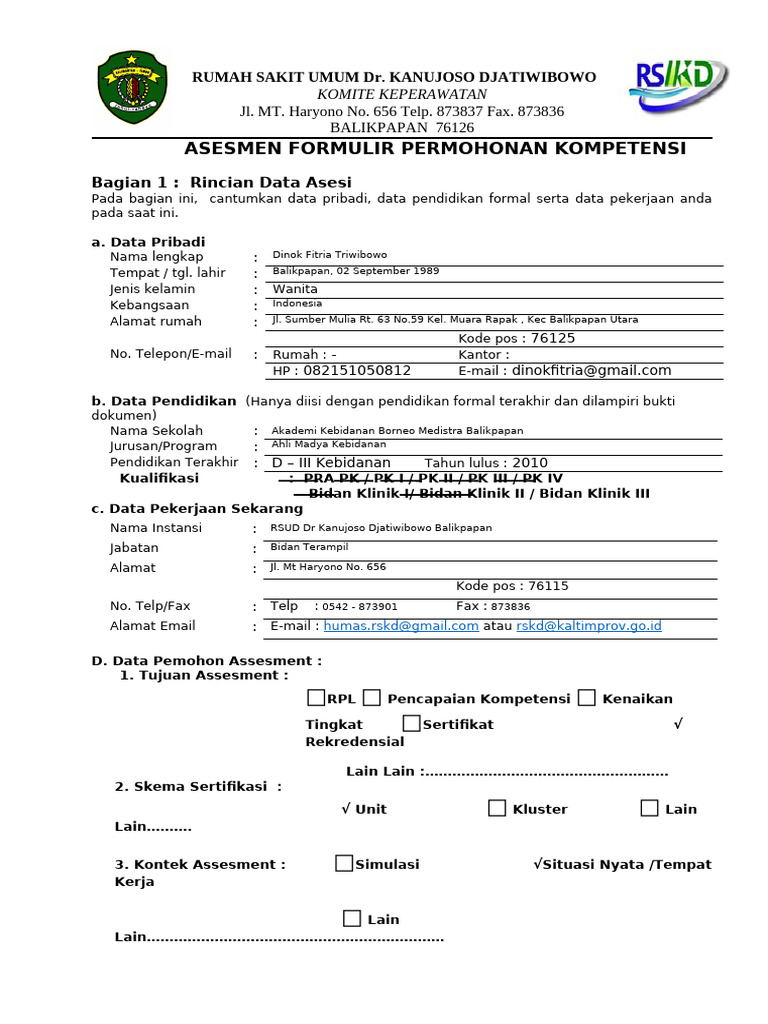 Formulir Permohonan Asesmen Kompetens Baru-1 - Dinok | PDF