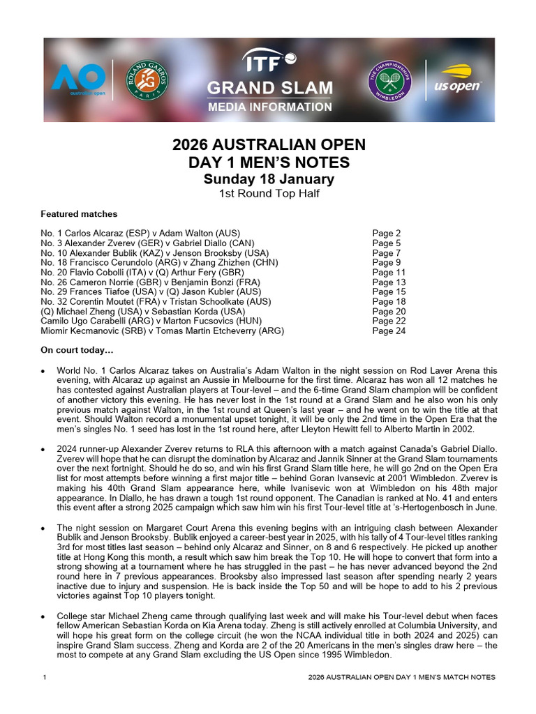 2026 Australian Open Day 1 Mens Match Notes | PDF | Grand Slam (Tennis ...